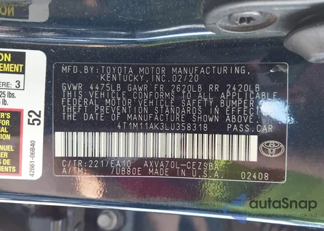 2020 Toyota Camry Se из США, поврежденный, VIN 4T1M11AK3LU358318